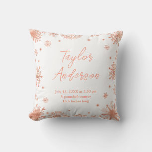 Rose Gold Snowflakes on White Birth Stats Throw Pillow