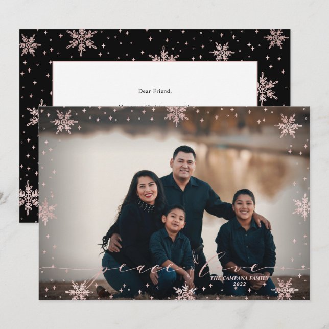 Rose gold Snowflakes Peace & Love Photo Christmas Card (Front/Back)