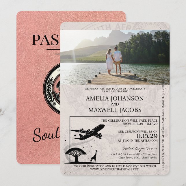 Rose Gold South Africa Passport Wedding Invitation (Front/Back)