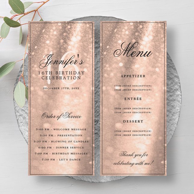 Rose Gold Sparkle 16th Birthday Program Menu (Rose Gold Sparkle 16th Birthday Program Menu)