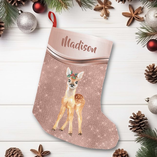 Rose Gold Sparkle Deer Fawn Personalized Small Christmas Stocking (Creator Uploaded)