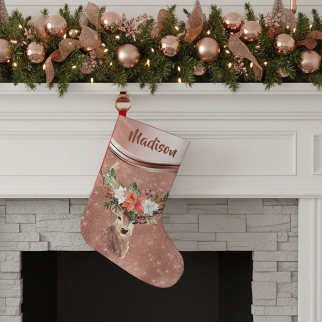 Rose Gold Sparkle Deer Pretty Personalized Small Christmas Stocking (Creator Uploaded)