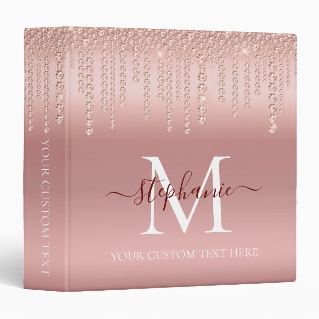 Rose Gold Sparkle Diamond Monogram Script Binder (Front/Spine)