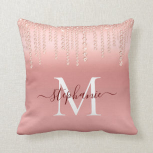 Rose Gold Sparkle Diamond Monogram Script Throw Pillow