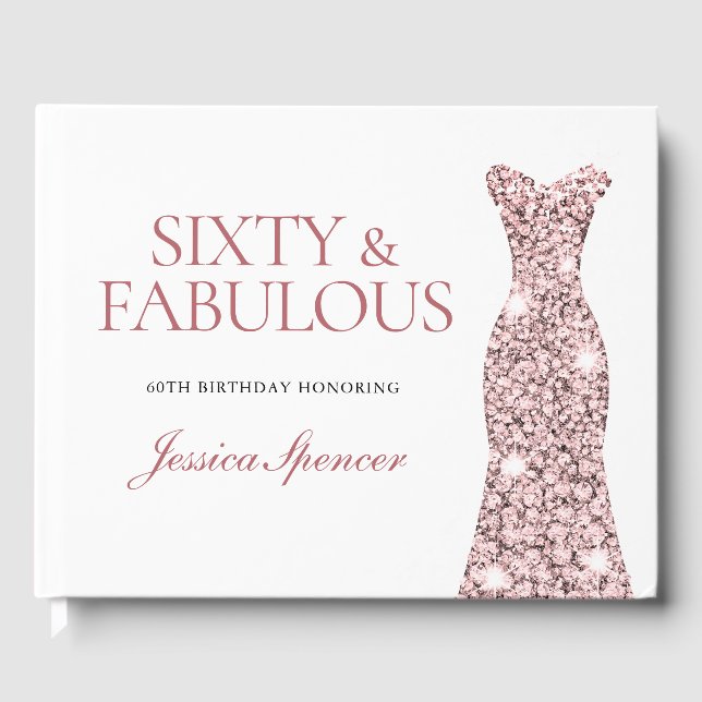 Rose Gold Sparkle Dress 60th Birthday Party Guest Book (Front)