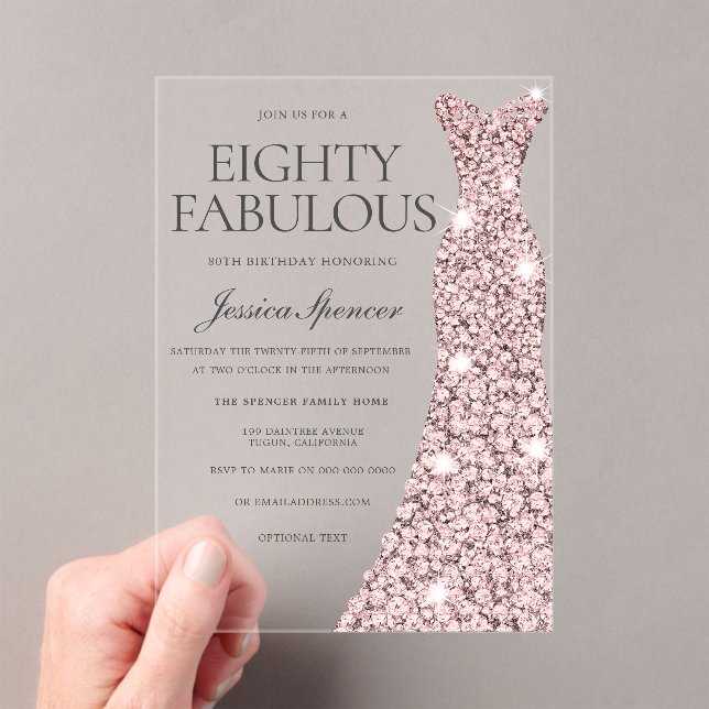 Rose Gold Sparkle Dress 80th Birthday Acrylic Invitations (Insitu (Handheld))