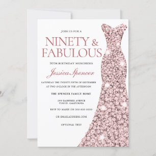 Rose Gold Sparkle Dress 90th Birthday Invite
