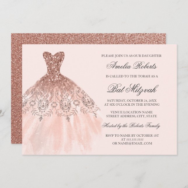 Rose Gold Sparkle Dress Bat Mitzvah Invitation (Front/Back)