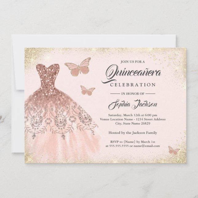 Rose Gold Sparkle Dress Butterfly Quinceanera Invitation (Front)