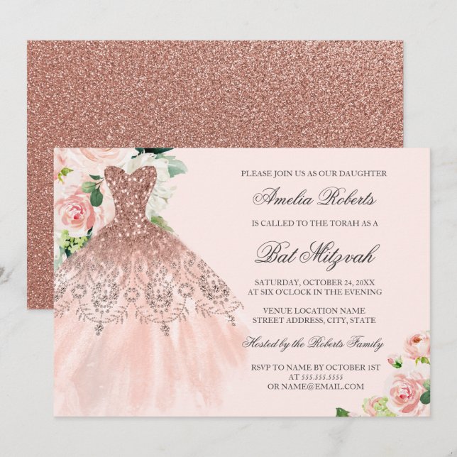 Rose Gold Sparkle Dress Floral Bat Mitzvah Invitation (Front/Back)