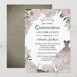Rose Gold Sparkle Dress Floral Quinceanera Invitation