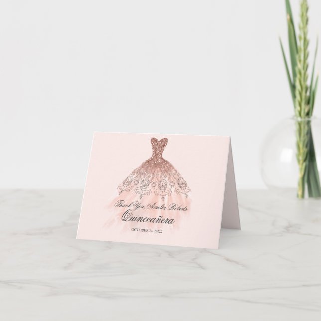 Rose Gold Sparkle Dress Quinceanera Thank You (Front)