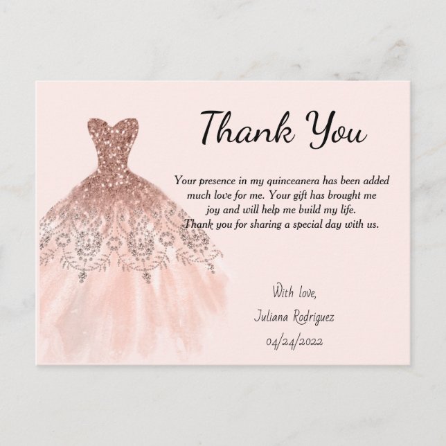Rose Gold Sparkle Dress Thank you card Quinceañera (Front)