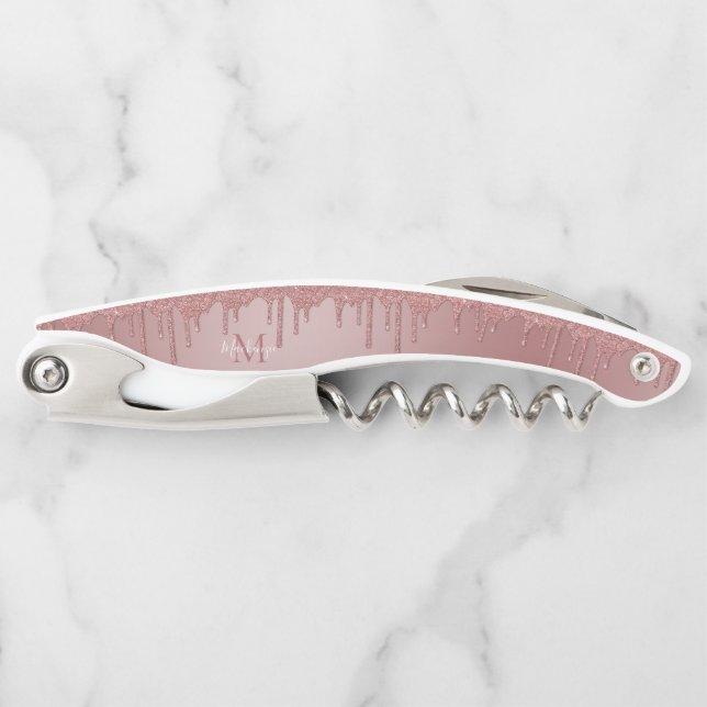 Rose Gold Sparkle Dripping Glitter Monogram Corkscrew (Front)