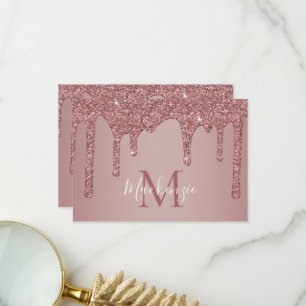 Rose Gold Sparkle Dripping Glitter Monogram Thank You Card