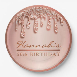 Rose Gold Sparkle Drippy Drip Birthday Party Paper Plate