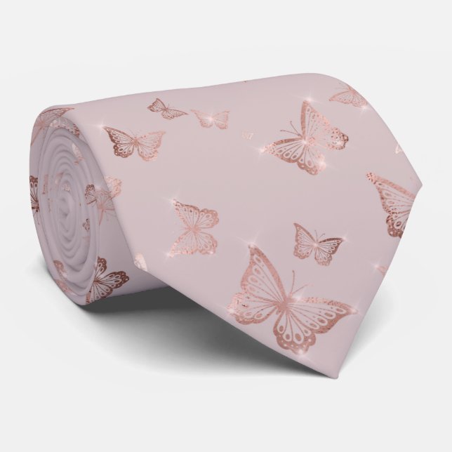 Rose Gold Sparkle Glam Butterflies  Tie (Rolled)