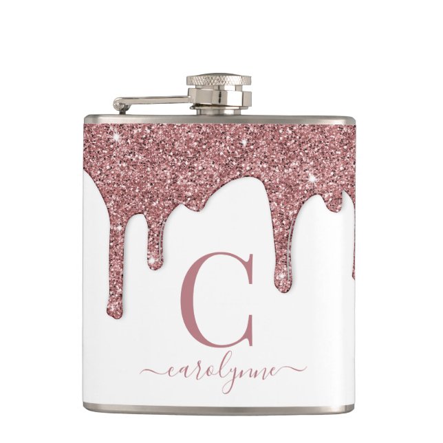 Rose Gold Sparkle Glam Glitter Drips Monogram Hip Flask (Front)