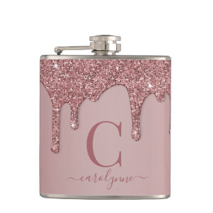 Rose Gold Sparkle Glam Glitter Drips Monogram Hip Flask