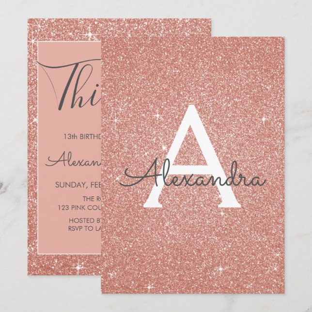 Rose Gold Sparkle Glitter 13th Thirteen Birthday Invitation (Front/Back)