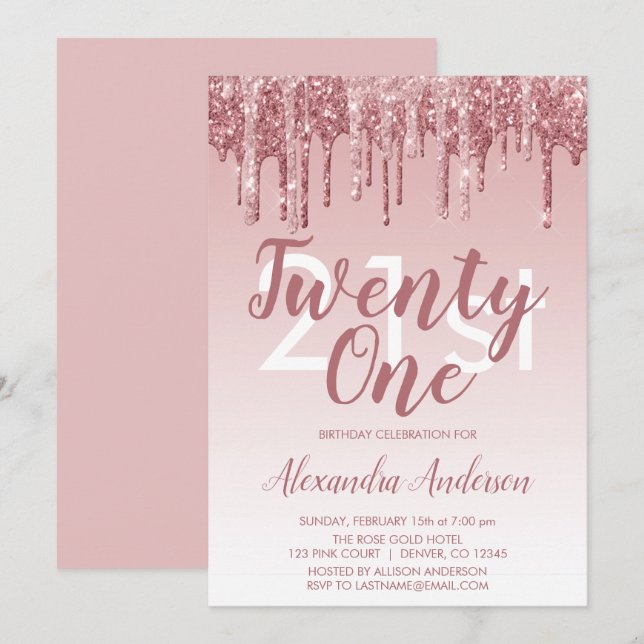 Rose Gold Sparkle Glitter 21st Birthday Party Invitation (Front/Back)