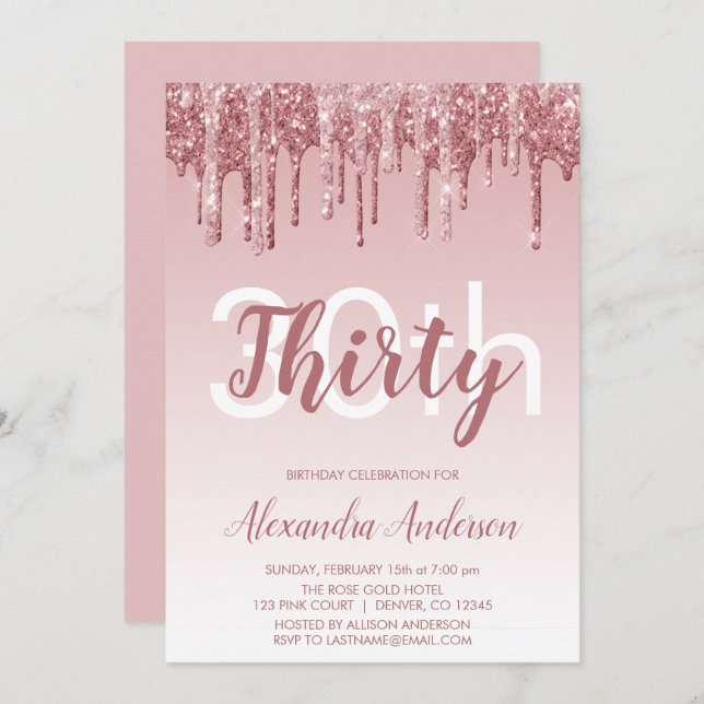 Rose Gold Sparkle Glitter 30th Birthday Party Invitation (Front/Back)