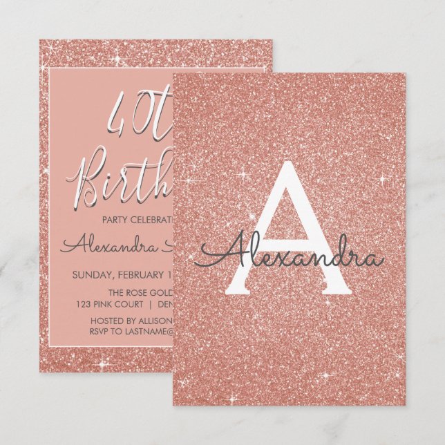 Rose Gold Sparkle Glitter 40th Birthday Party Invitation (Front/Back)