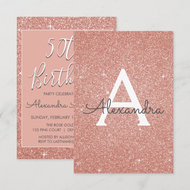 Rose Gold Sparkle Glitter 50th Birthday Party Invitation (Front/Back)