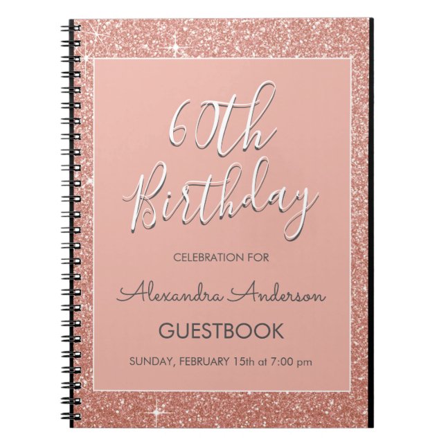 Rose Gold Sparkle Glitter 60th Birthday Guestbook Notebook (Front)