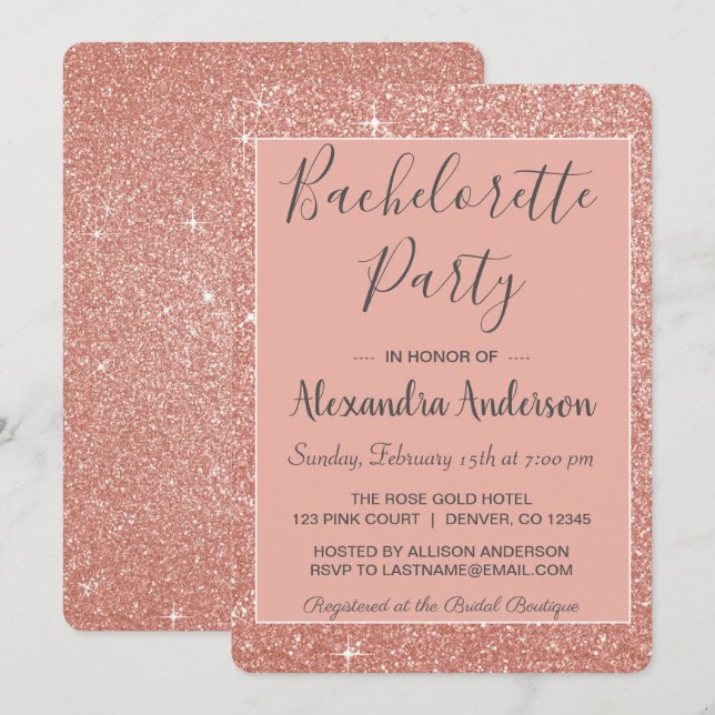 Rose Gold Sparkle Glitter Bachelorette Party Invitation (Front/Back)