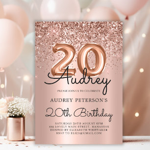 Rose Gold Sparkle Glitter Balloon 20th Birthday Invitation