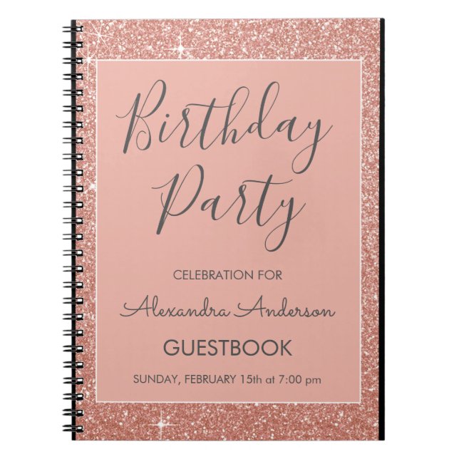 Rose Gold Sparkle Glitter Birthday Party Guestbook Notebook (Front)