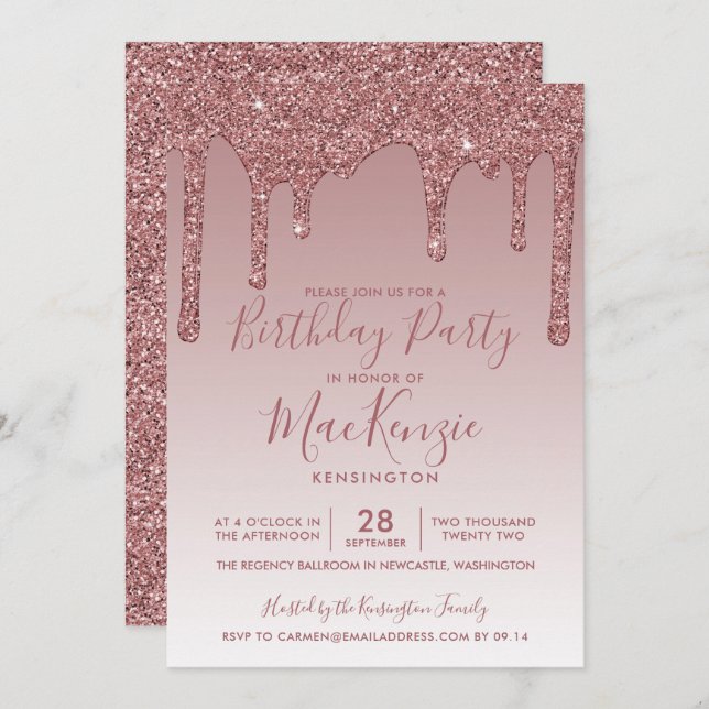 Rose Gold Sparkle Glitter Drips Any Year Birthday  Invitation (Front/Back)