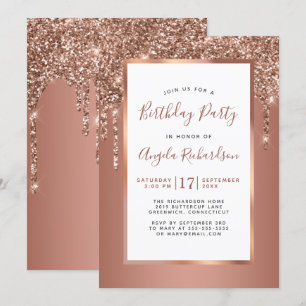 Rose Gold Sparkle Glitter Drips Birthday Party Invitation