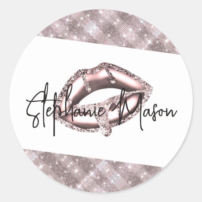 Rose Gold Sparkle Glitter Drips Lips Makeup Artist Classic Round Sticker (Front)