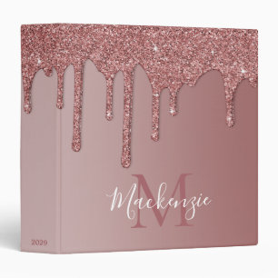 Rose Gold Sparkle Glitter Drips Monogram Album Binder