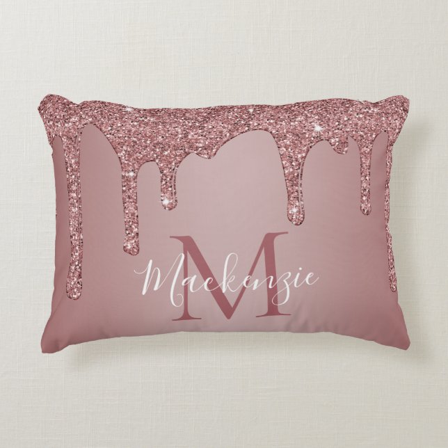 Rose Gold Sparkle Glitter Drips Monogram Baby Accent Pillow (Front)