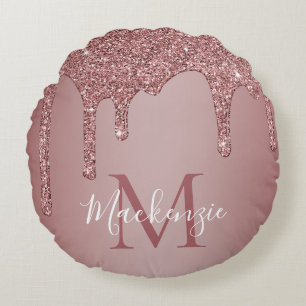 Rose Gold Sparkle Glitter Drips Monogram Baby Round Pillow