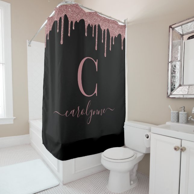 Rose Gold Sparkle Glitter Drips Monogram | Black (In Situ)