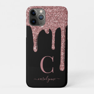 Rose Gold Sparkle Glitter Drips Monogram   Black iPhone 11 Pro Case