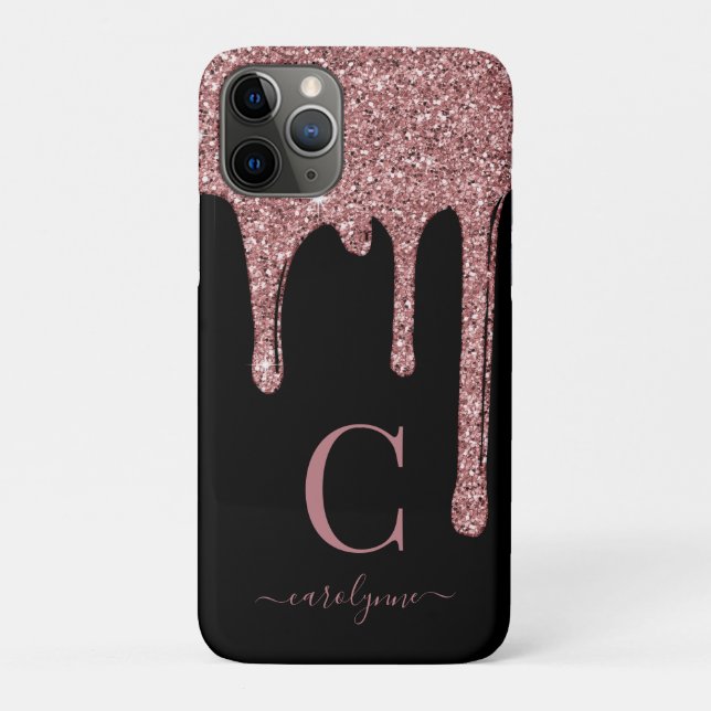 Rose Gold Sparkle Glitter Drips Monogram | Black Case-Mate iPhone Case (Back)