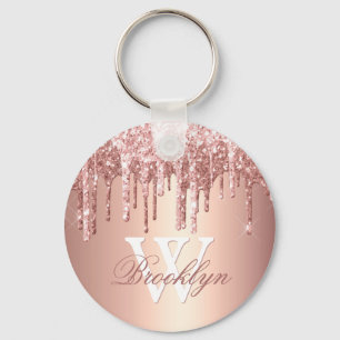 Rose Gold Sparkle Glitter Drips Monogram Initial Keychain