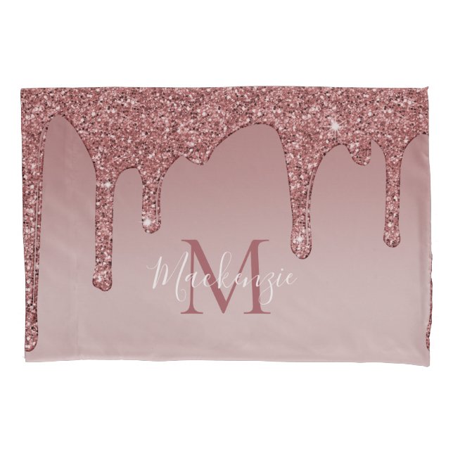 Rose Gold Sparkle Glitter Drips Monogram Pillowcase (Front)
