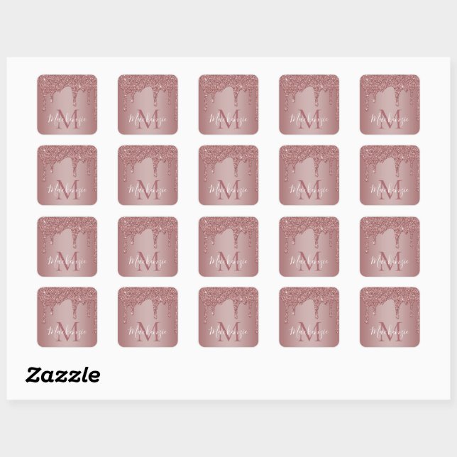 Rose Gold Sparkle Glitter Drips Monogram Square Sticker (Sheet)