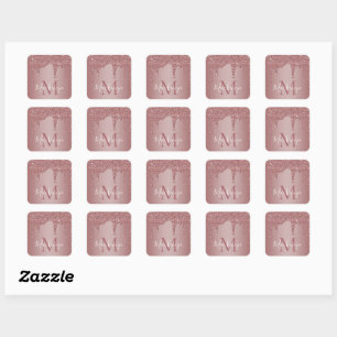 Rose Gold Sparkle Glitter Drips Monogram Square Sticker