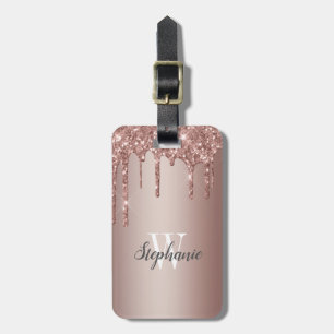 Rose Gold Sparkle Glitter Drips Monogram Vertical Luggage Tag