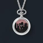 Rose Gold Sparkle Glitter Drips Monogram Watch<br><div class="desc">Girly Rose Gold Sparkle Glitter Drips Monogram Watch Necklace with fashion faux blush pink/rose gold glitter drips on a chic black background with your custom monogram and name. Please contact us at cedarandstring@gmail.com if you need assistance with the design or matching products.</div>