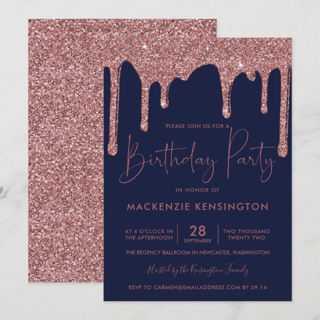 Rose Gold Sparkle Glitter Drips Navy Blue Birthday Invitation (Front/Back)