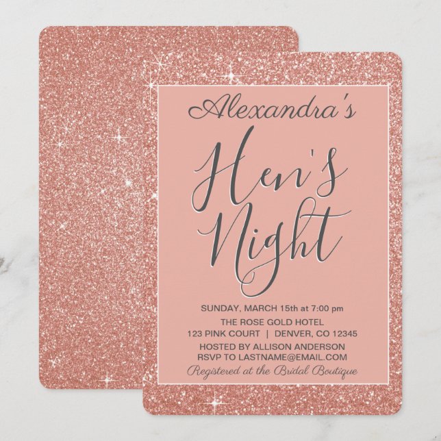 Rose Gold Sparkle Glitter Hen's Night Party Invitation (Front/Back)