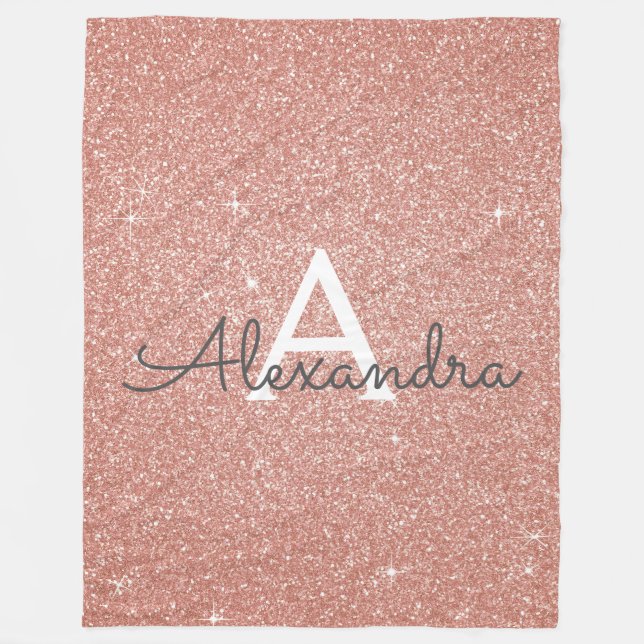 Rose Gold Sparkle Glitter Monogram Name & Initial Fleece Blanket (Front)